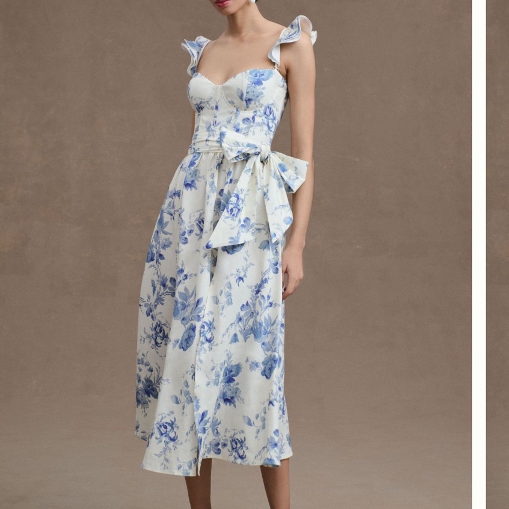 V. Chapman Vera Ruffle Strap Corset Side Slit Midi Dress - Provencal Blue Floral